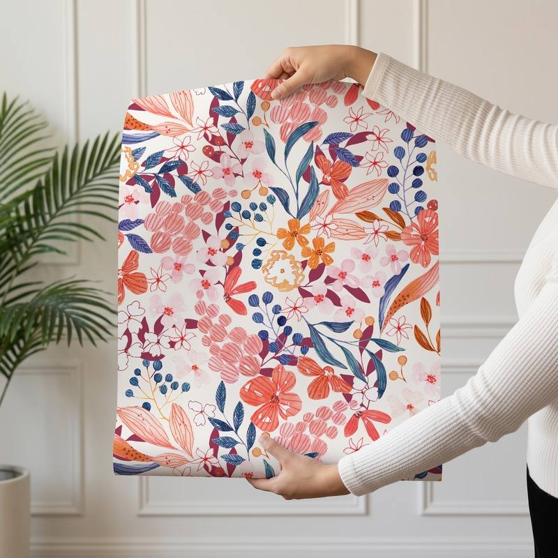 Scarlet Bloom wallpaper design — vivid coral, scarlet and blush watercolour flowers with navy leaves on cream