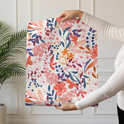 Scarlet Bloom wallpaper design — vivid coral, scarlet and blush watercolour flowers with navy leaves on cream