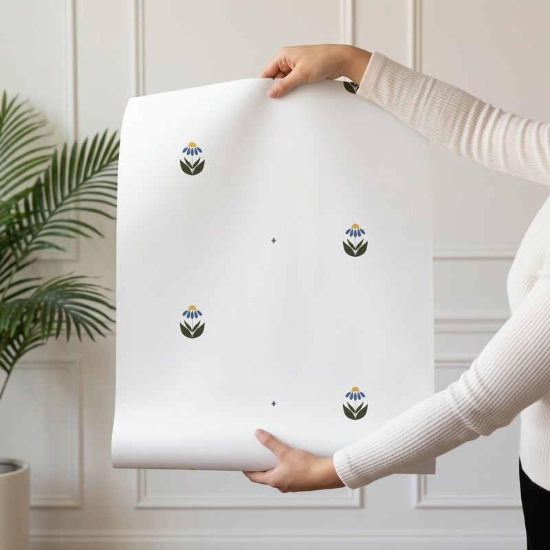 Scattered Blooms wallpaper roll drop showing the tossed folk floral repeat