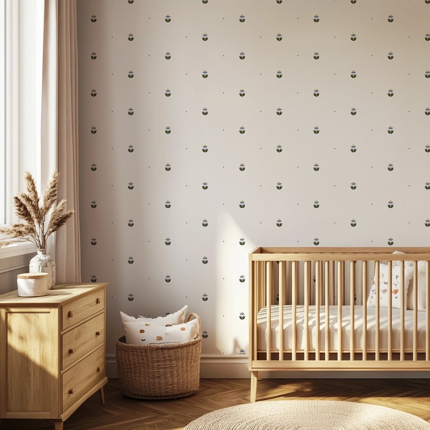 Scattered Blooms blue and mustard floral wallpaper in a children's room