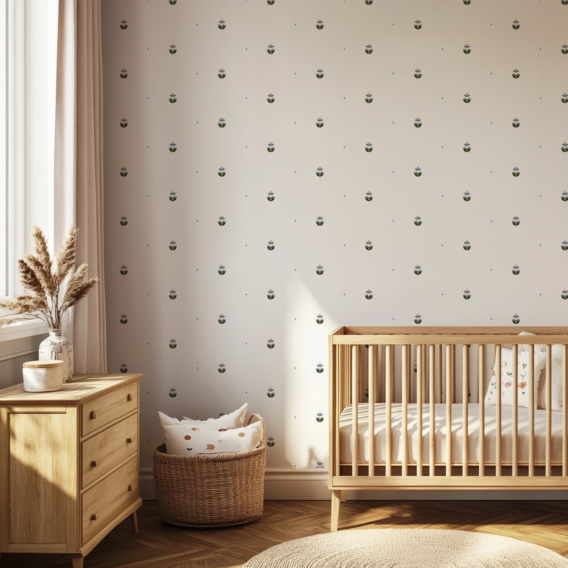 Scattered Blooms blue and mustard floral wallpaper in a children's room