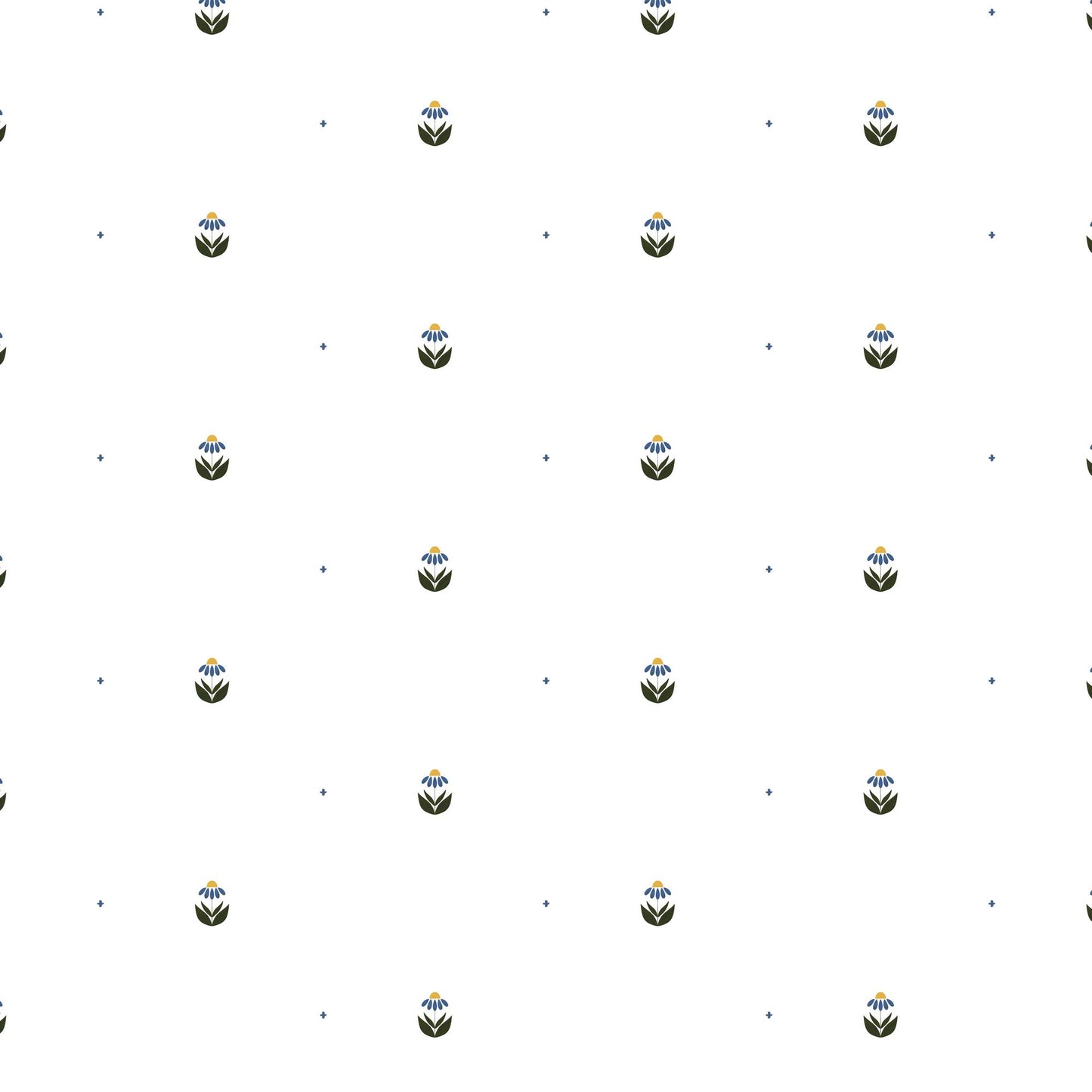 Scattered Blooms wallpaper design — small folk-style blue and mustard flowers on white