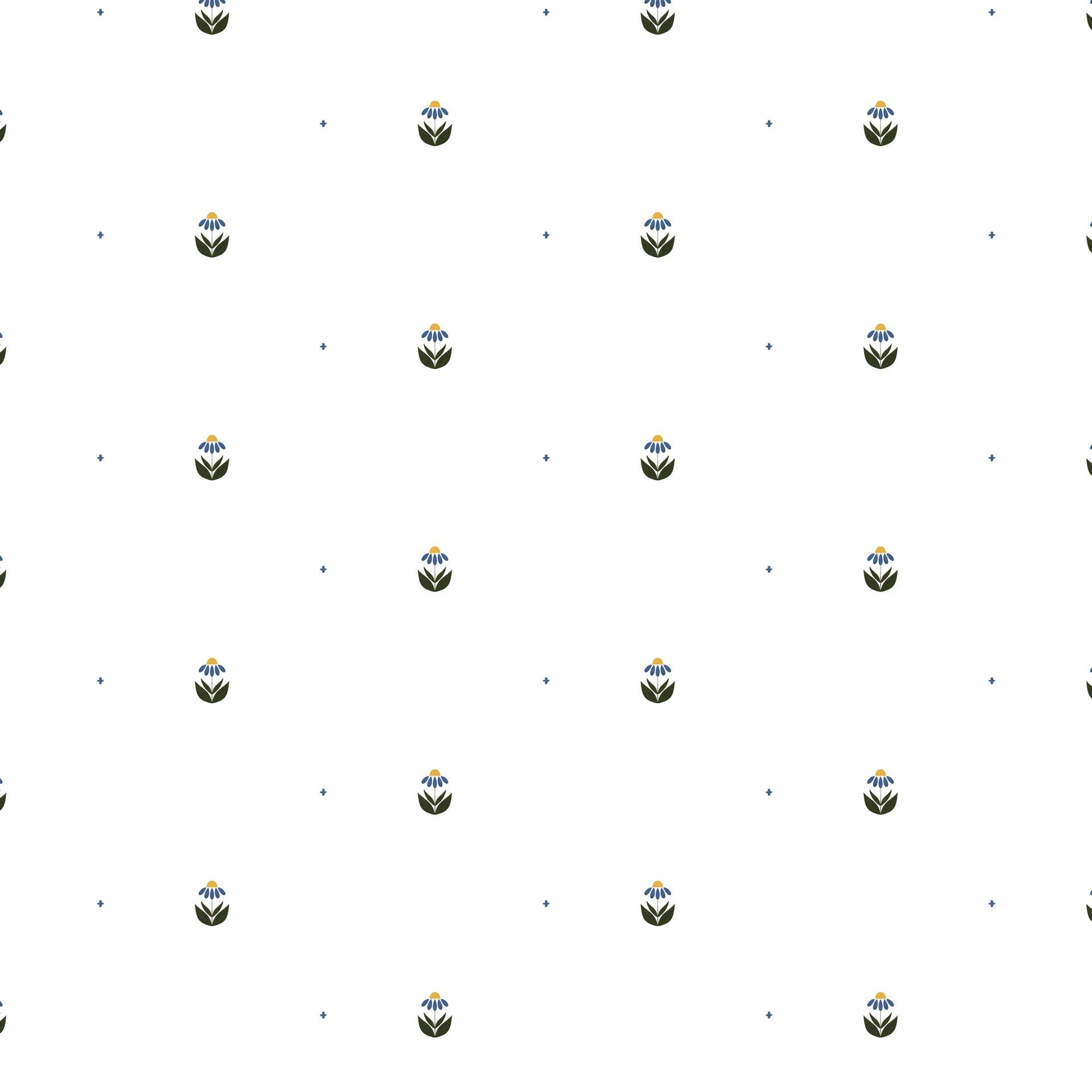 Scattered Blooms wallpaper design — small folk-style blue and mustard flowers on white