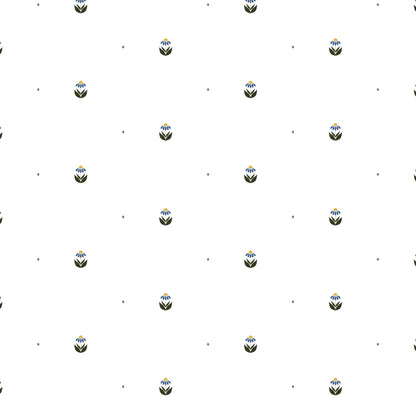 Scattered Blooms wallpaper design — small folk-style blue and mustard flowers on white