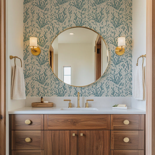 Sea Life coastal blue coral-reef wallpaper in a bathroom