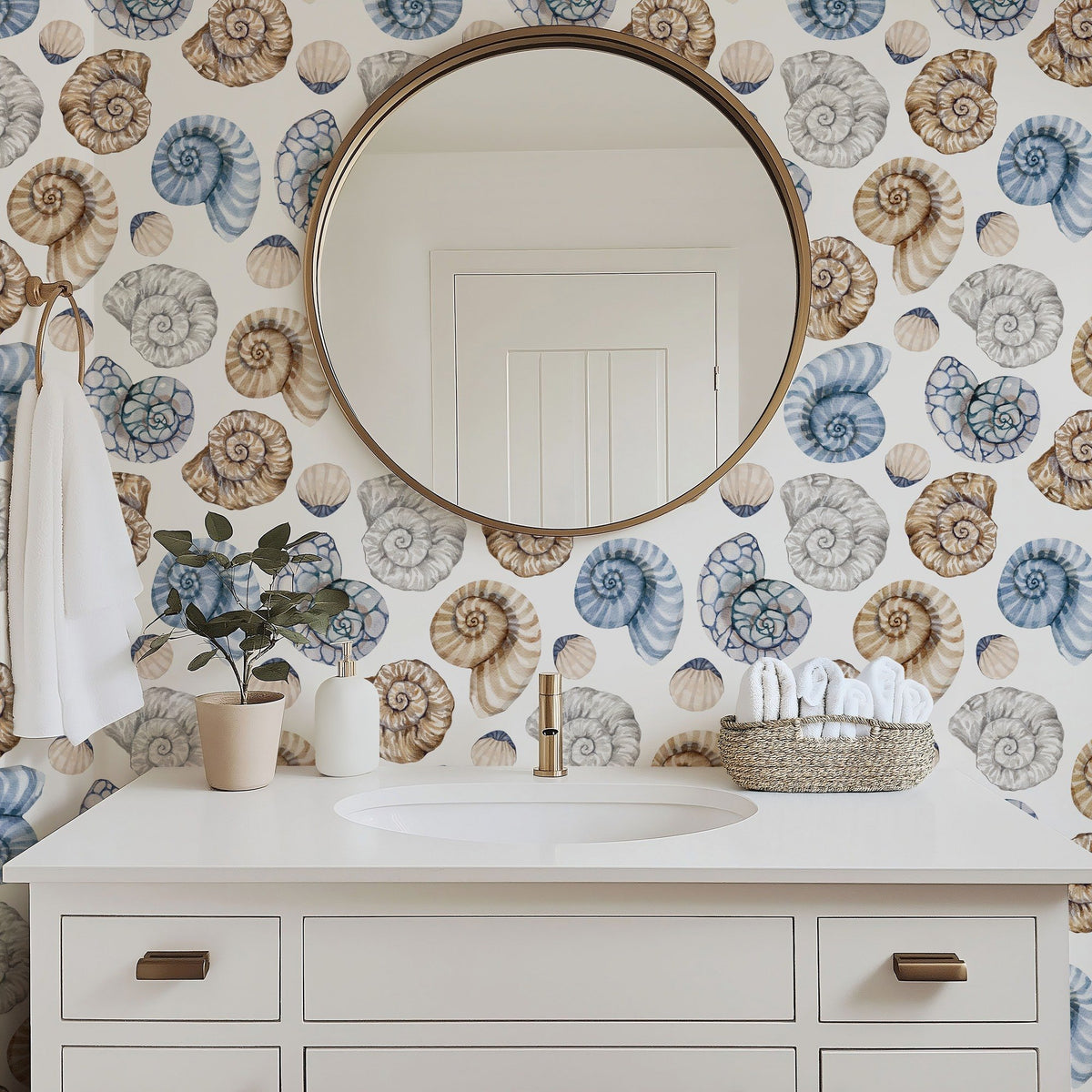 Sea Snails coastal sea snail wallpaper in a bathroom