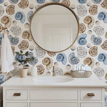 Sea Snails coastal sea snail wallpaper in a bathroom