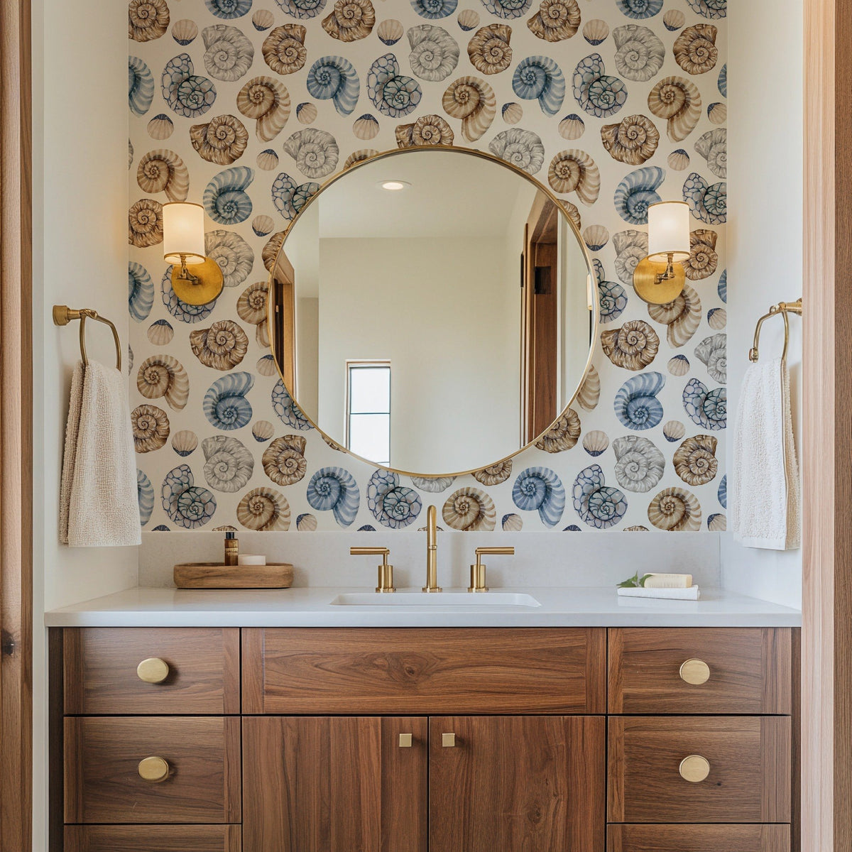 Sea Snails coastal sea snail wallpaper in a bathroom