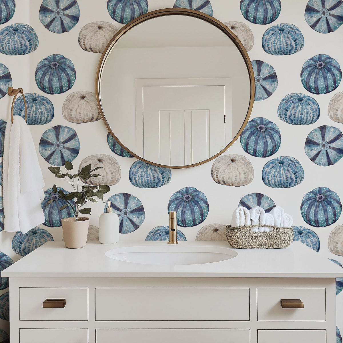 Sea Urchins coastal sea urchin wallpaper in a bathroom