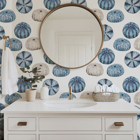 Sea Urchins coastal sea urchin wallpaper in a bathroom