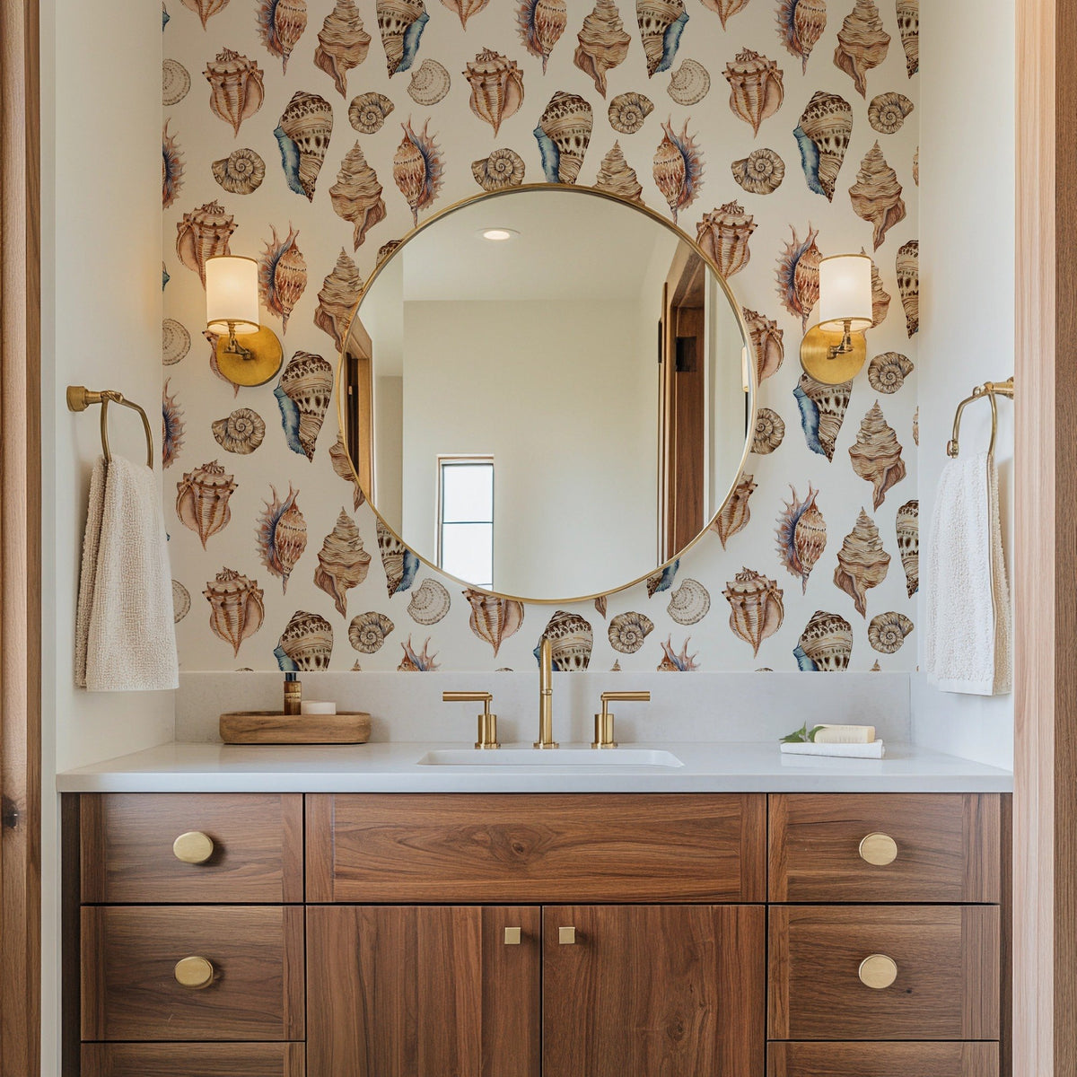 Seashells coastal seashell wallpaper in a bathroom