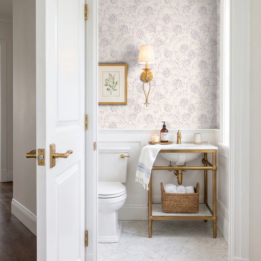 Sketched Peonies line-art peony wallpaper in soft pencil strokes in a bathroom