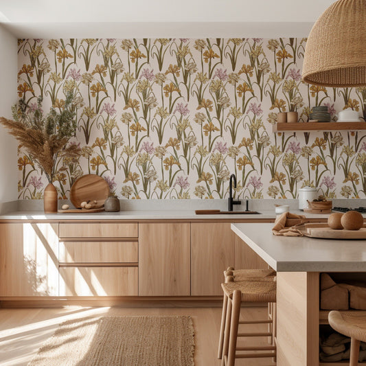 Soft Irises pastel iris floral wallpaper in gentle tones in a dining room