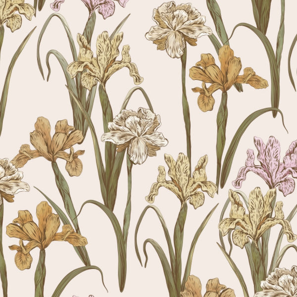 Soft Irises floral wallpaper styled in a soft bedroom setting