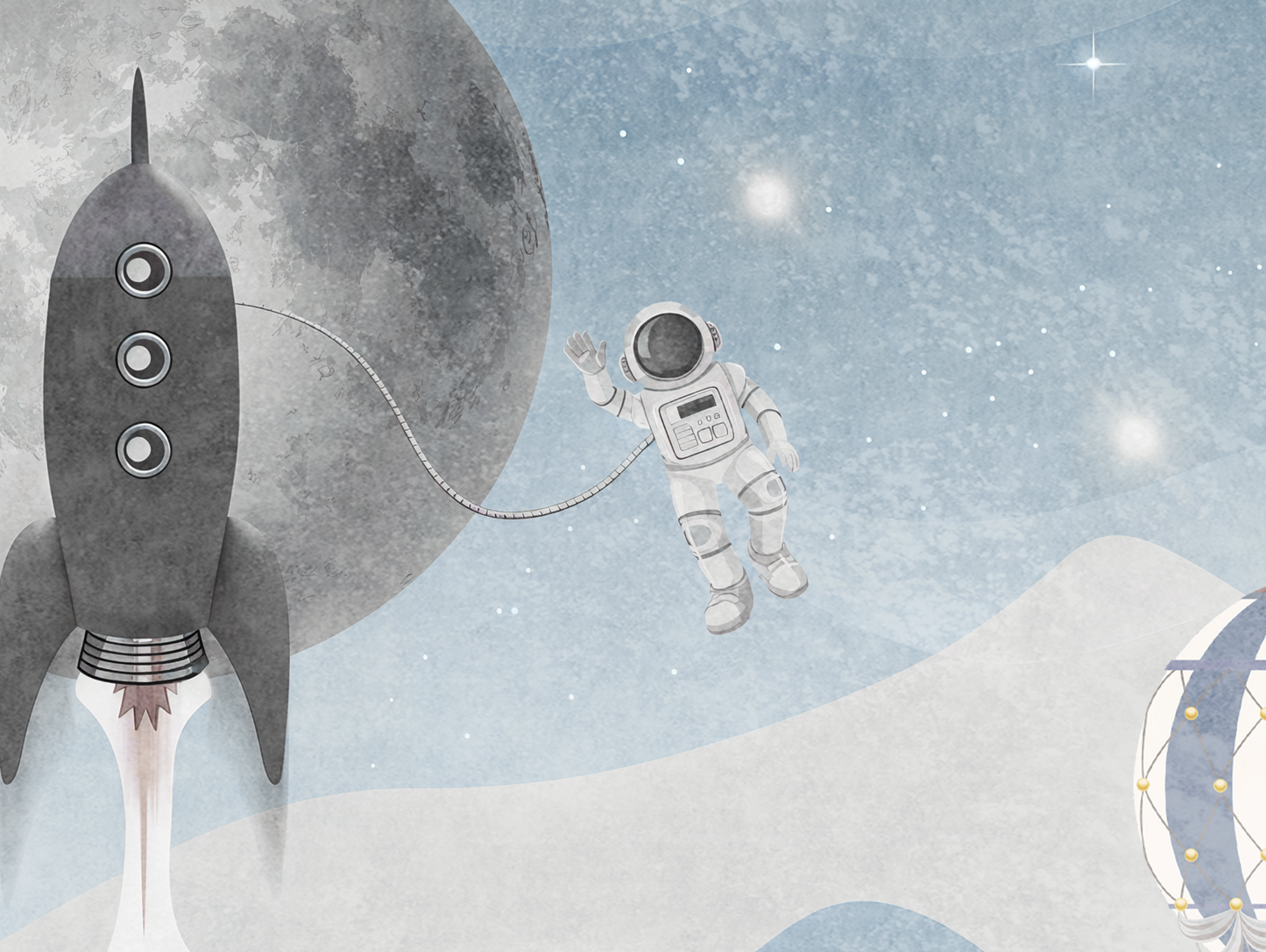 Space Adventure kids wall mural, close-up of illustrated planets and rockets