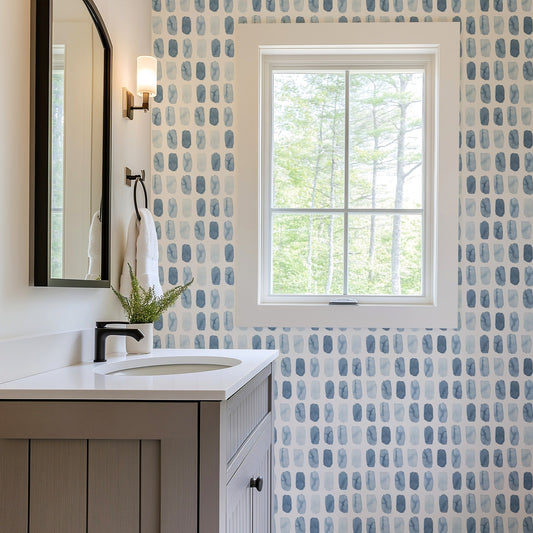 Step By Step blue watercolor staircase wallpaper for kids in a bathroom