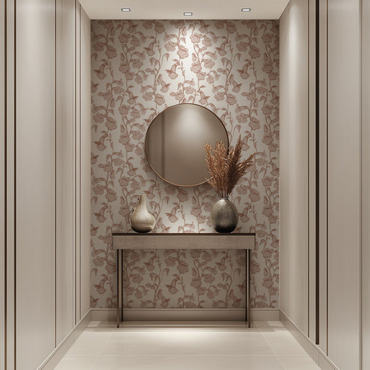 Subtle Bells neutral bluebell botanical wallpaper in a home office