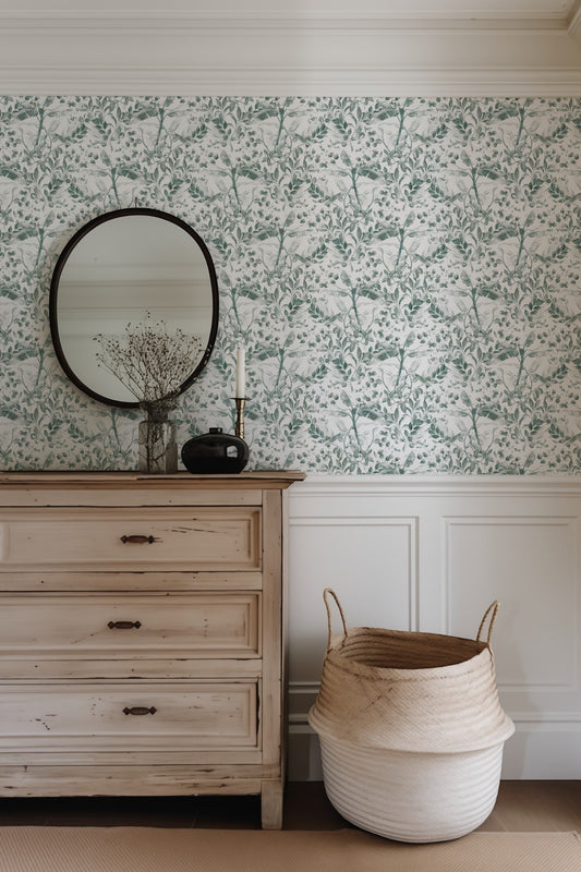 Subtle Botanical Foliage neutral botanical leaf wallpaper in a bedroom