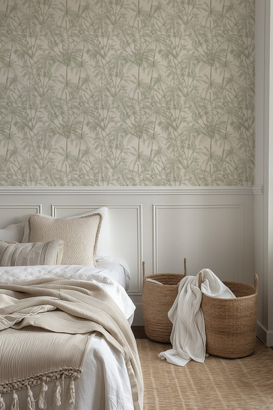 Subtle Green Palms tropical palm-tree wallpaper in neutral tones in a bedroom