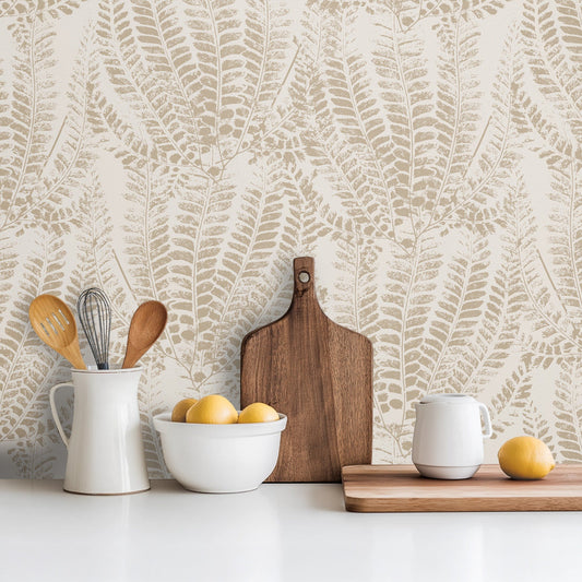 Subtle Organic Prints neutral botanical leaf wallpaper in a dining room