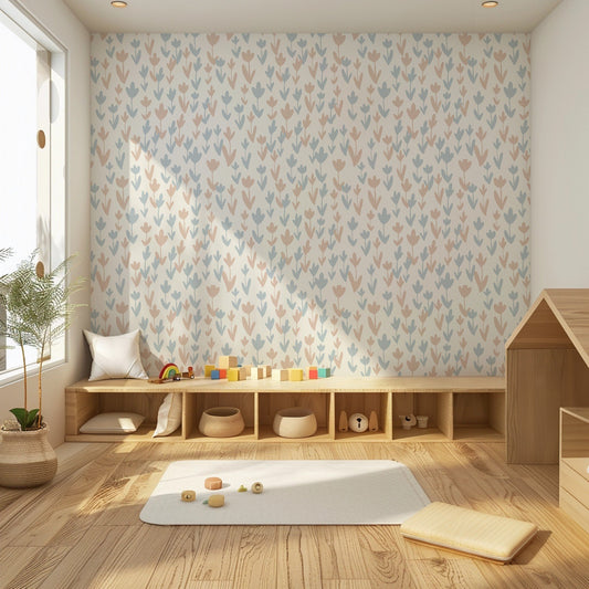 Subtle Tulips soft delicate tulip floral wallpaper in a nursery