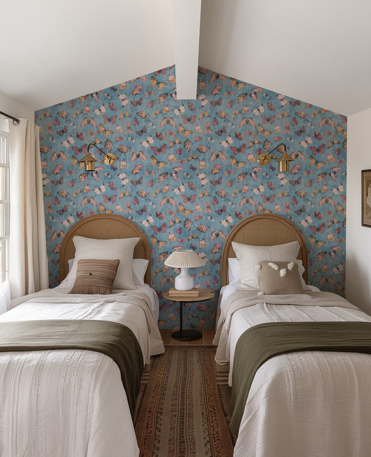 Summer Butterflies light airy butterfly wallpaper in soft tones in a nursery