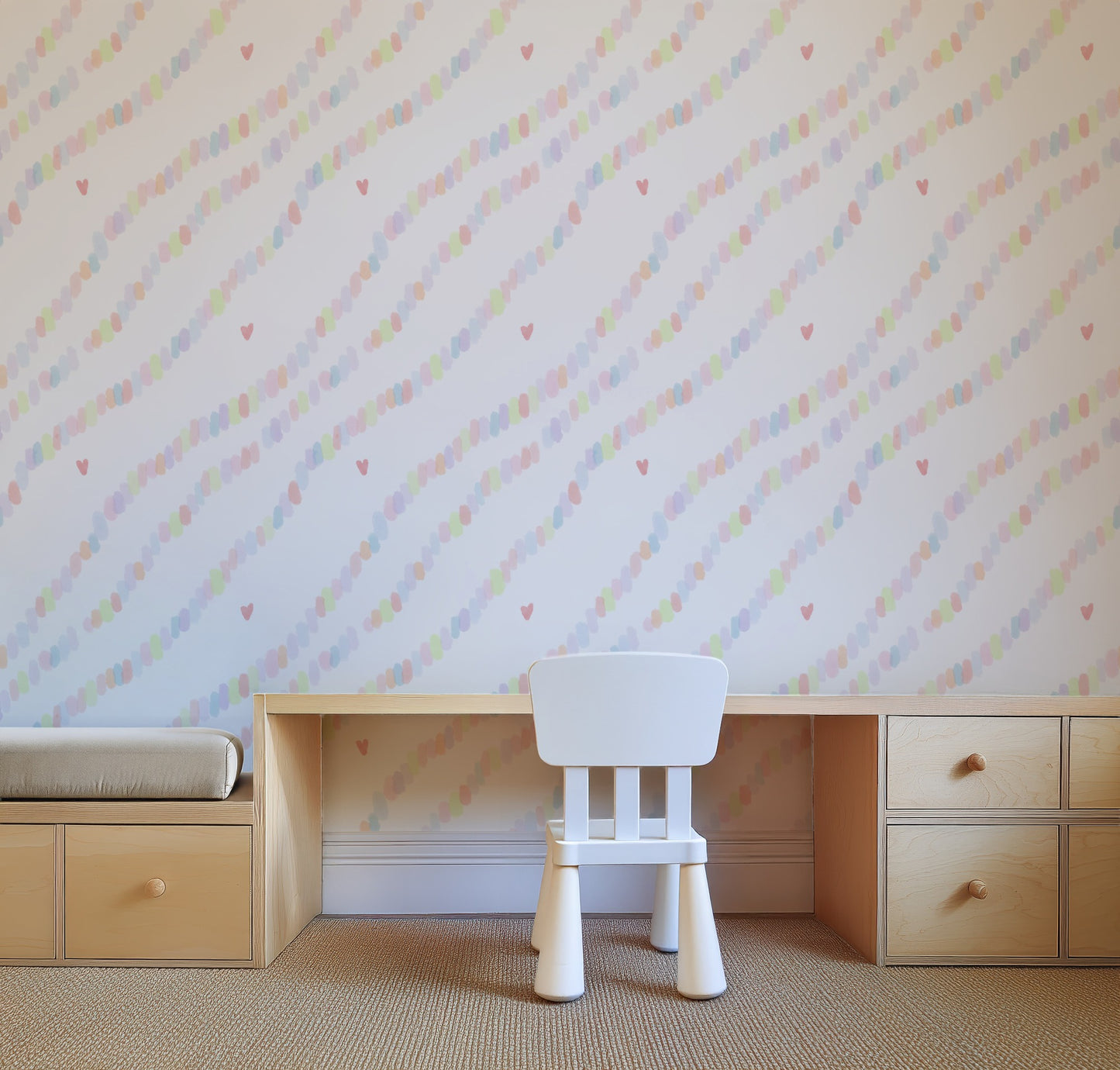 Sweetheart Confetti pastel wallpaper on a nursery wall