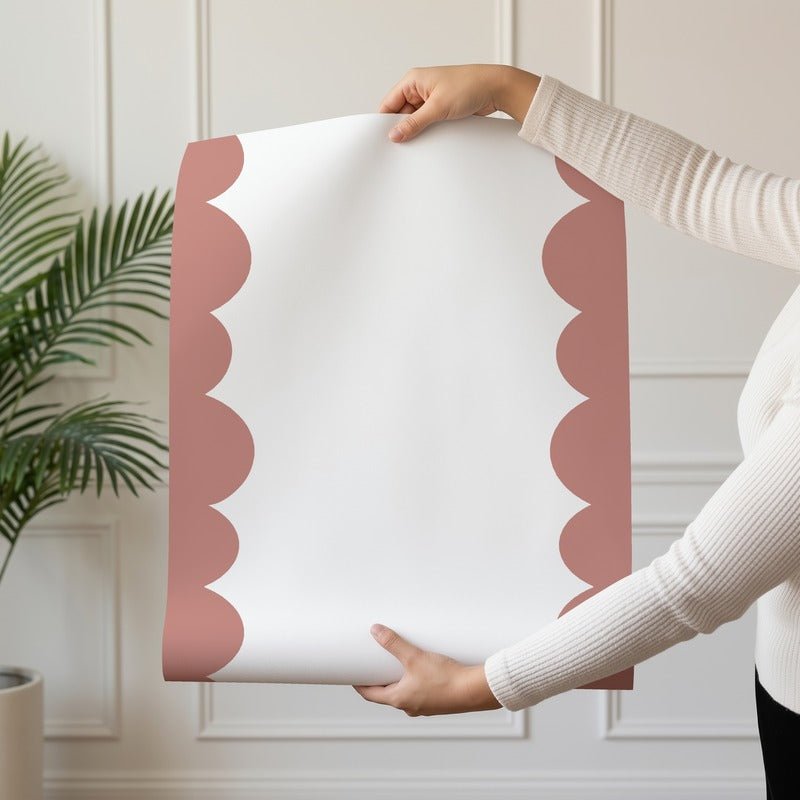 Terracotta Scallop wallpaper roll drop showing the terracotta scallop stripe repeat