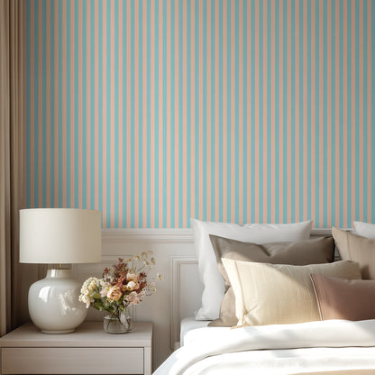 Aqua & Peach – Thin Stripe Wallpaper styled in a bedroom
