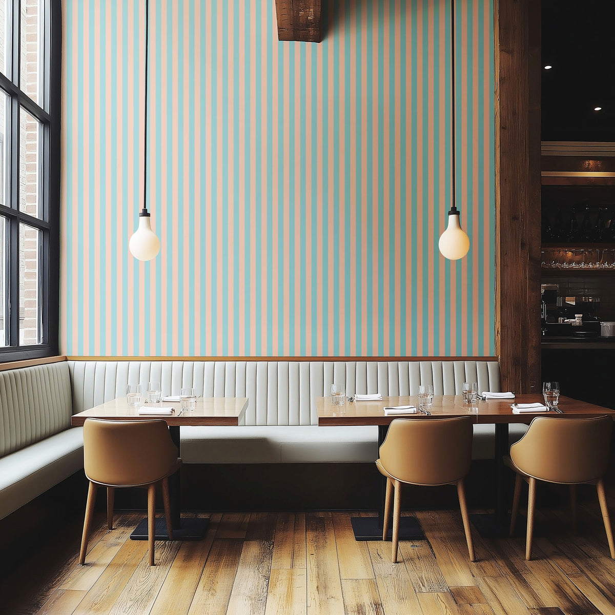 Aqua & Peach – Thin Stripe Wallpaper styled in a boutique hotel and hospitality space