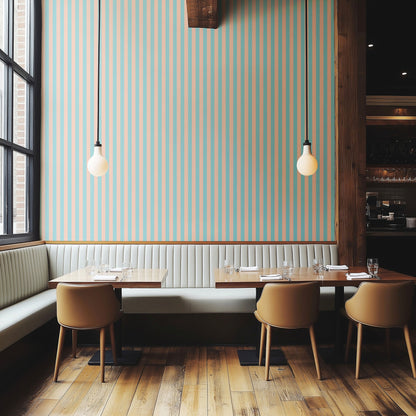 Aqua & Peach – Thin Stripe Wallpaper styled in a boutique hotel and hospitality space