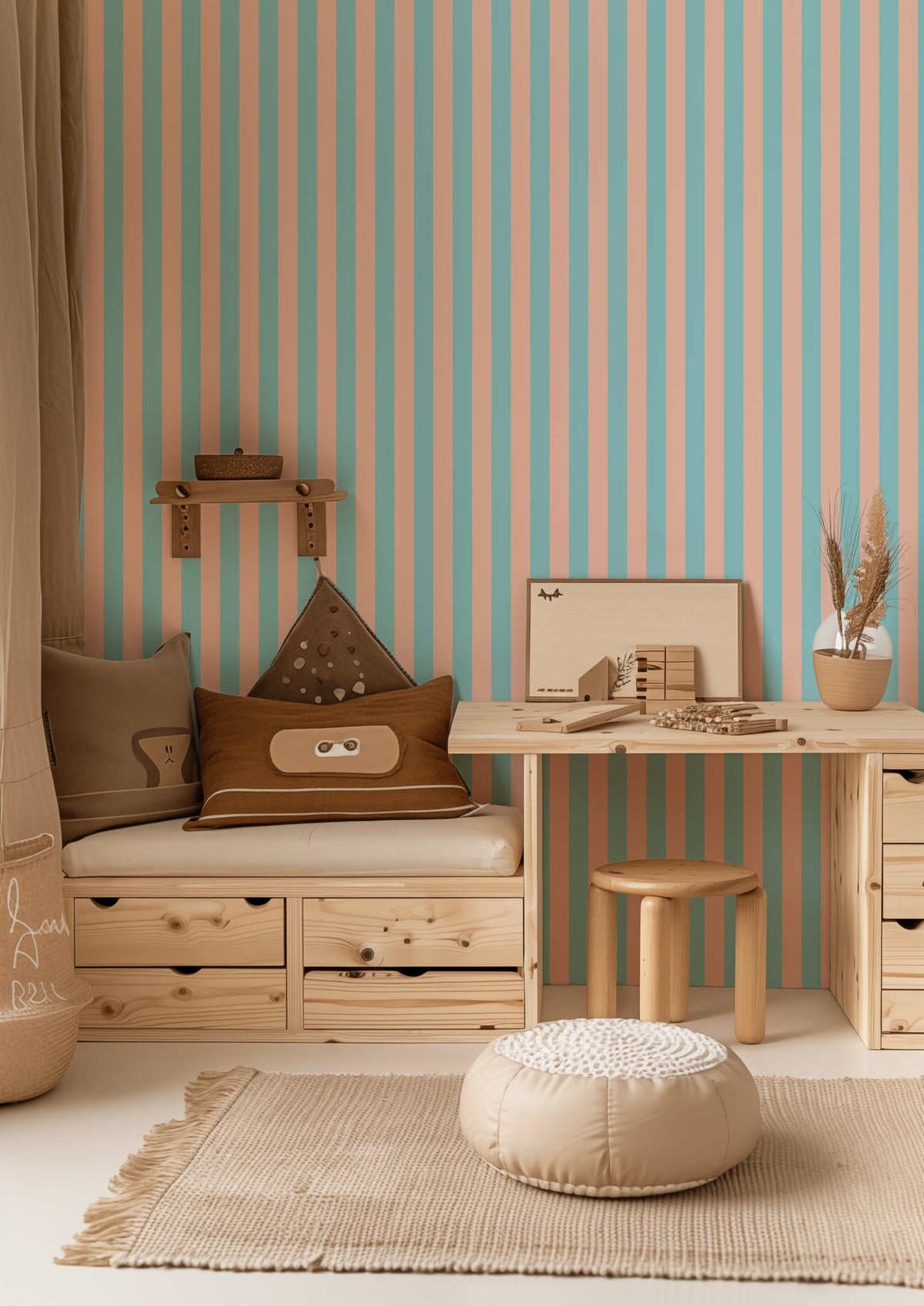 Aqua & Peach – Thin Stripe Wallpaper styled in a kids' room and nursery