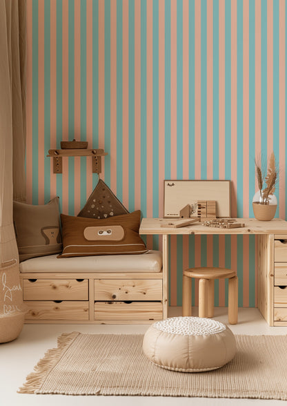 Aqua & Peach – Thin Stripe Wallpaper styled in a kids' room and nursery
