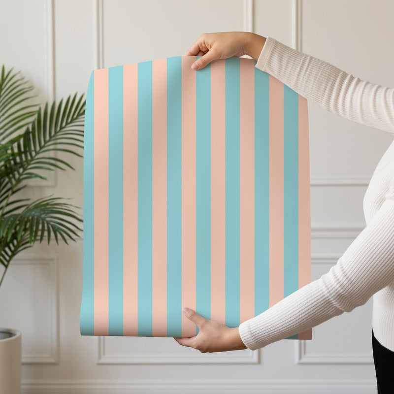 Thin Stripe Wallpaper roll in Aqua & Peach – fine, narrow stripes on a peach ground