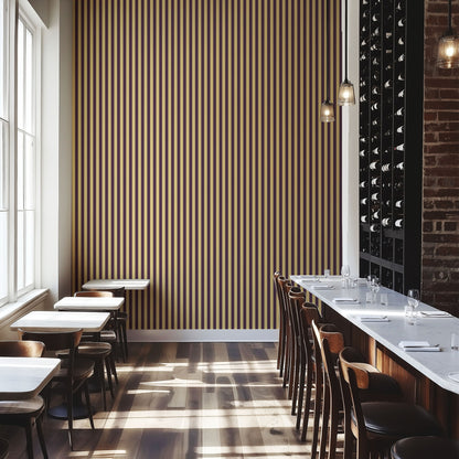 Thin Stripe Wallpaper – Butter & Aubergine styled in a boutique hotel and hospitality space