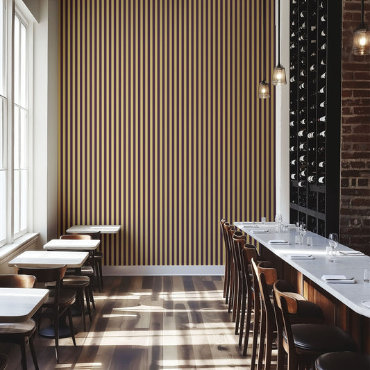 Thin Stripe Wallpaper – Butter & Aubergine styled in a boutique hotel and hospitality space