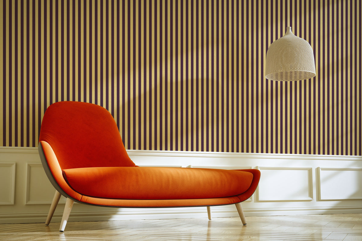 Thin Stripe Wallpaper – Butter & Aubergine styled in a living room