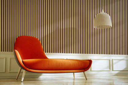 Thin Stripe Wallpaper – Butter & Aubergine styled in a living room