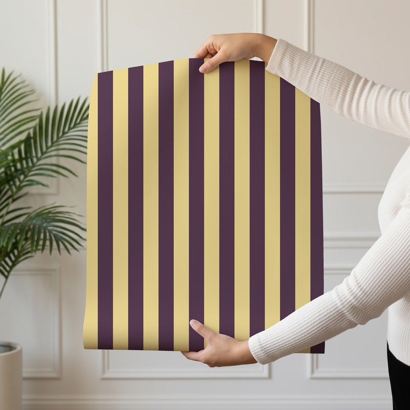 Thin Stripe Wallpaper roll in Butter & Aubergine – fine, narrow stripes on an aubergine ground