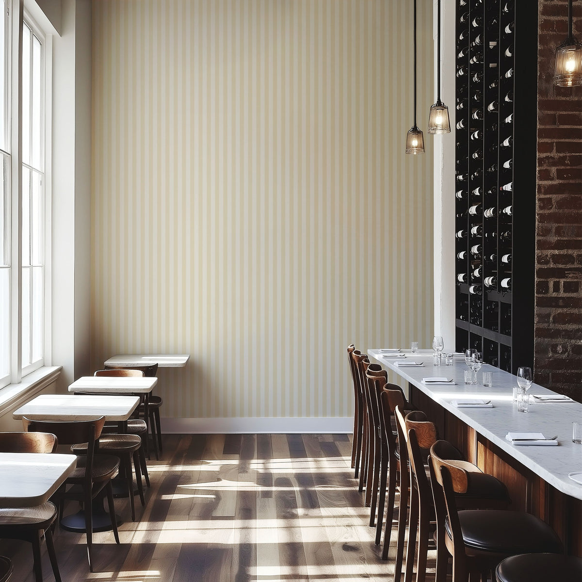 Buttercream & Warm Ivory – Thin Stripe Wallpaper styled in a boutique hotel and hospitality space