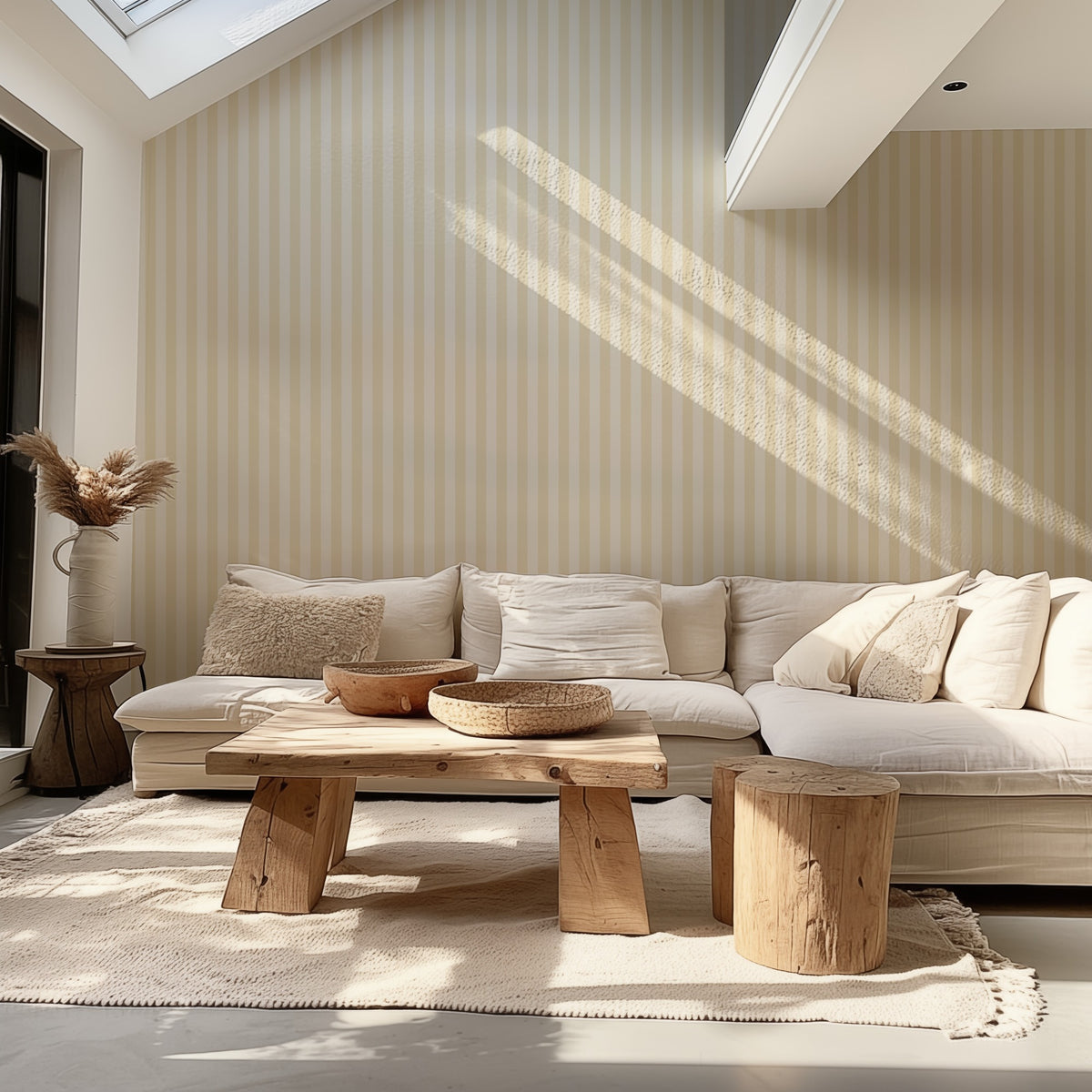 Buttercream & Warm Ivory – Thin Stripe Wallpaper styled in a living room