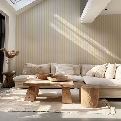 Buttercream & Warm Ivory – Thin Stripe Wallpaper styled in a living room