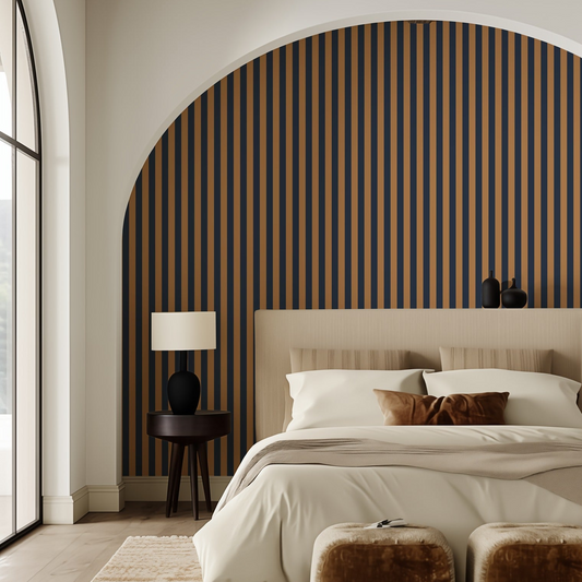 Thin Stripe Wallpaper – Caramel & Midnight Blue