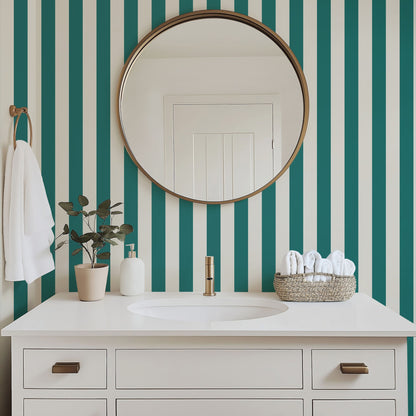 Thin Stripe Wallpaper – Chalk White & Rich Teal styled in a bathroom and laundry