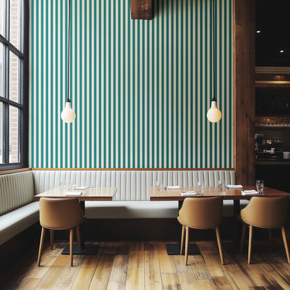 Thin Stripe Wallpaper – Chalk White & Rich Teal styled in a boutique hotel and hospitality space