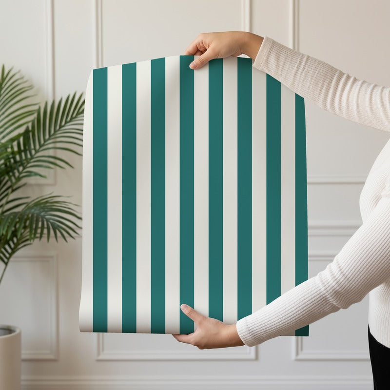 Thin Stripe Wallpaper roll in Chalk White & Rich Teal – fine, narrow stripes on a rich teal ground