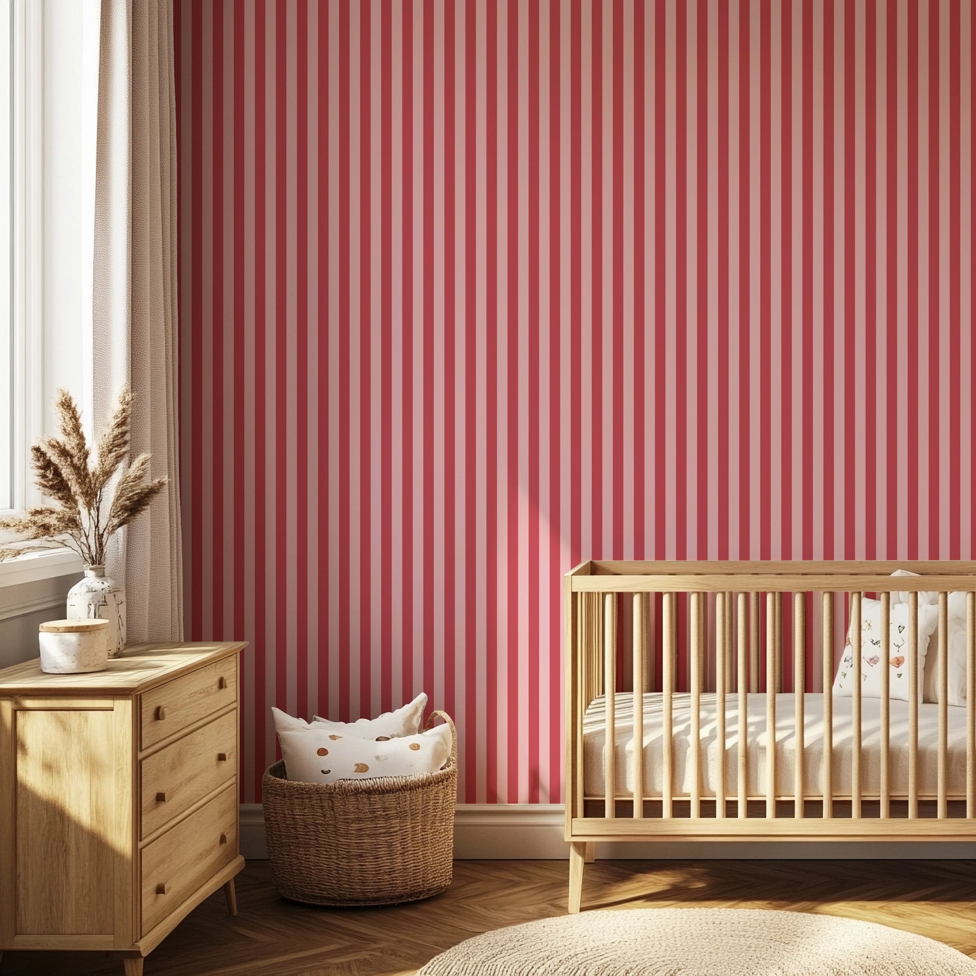 Thin Stripe Wallpaper – Cherry Red & Powder Pink styled in a kids' room and nursery