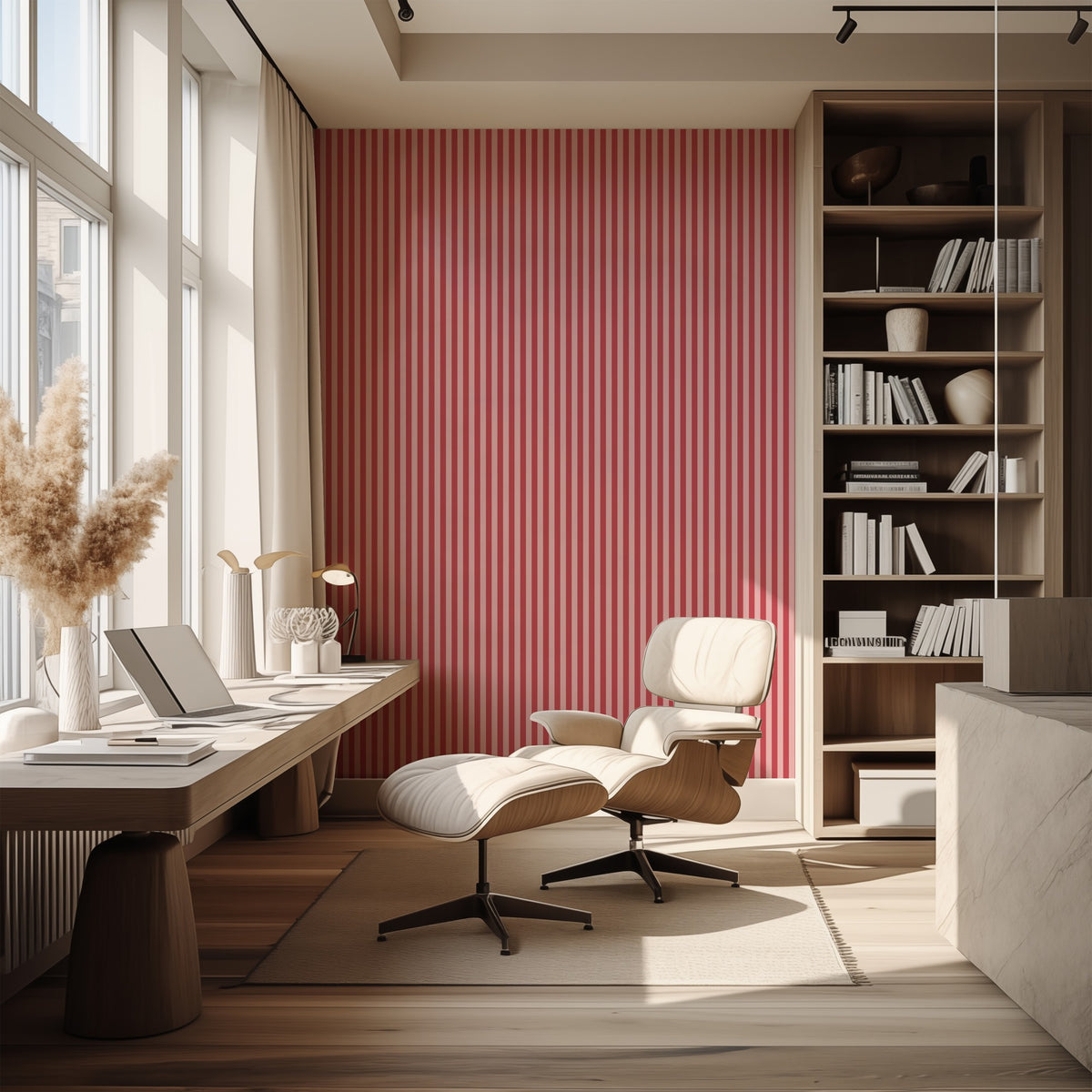 Thin Stripe Wallpaper – Cherry Red & Powder Pink styled in a hallway and home office