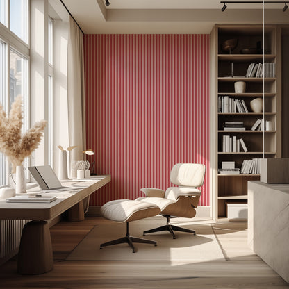 Thin Stripe Wallpaper – Cherry Red & Powder Pink styled in a hallway and home office