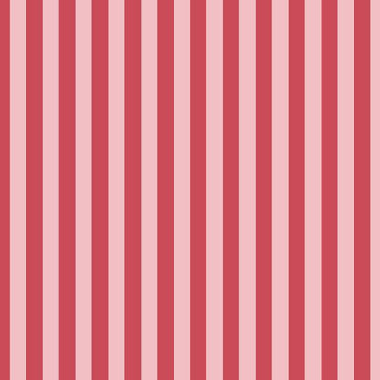 Thin Stripe Wallpaper in Cherry Red & Powder Pink – fine, narrow stripes on a powder pink ground